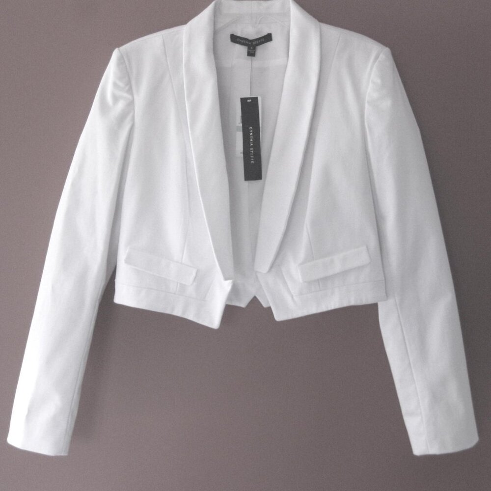 NWT Cropped jacket 8 White $295 Cotton blend Open front Tuxedo Bolero Matador